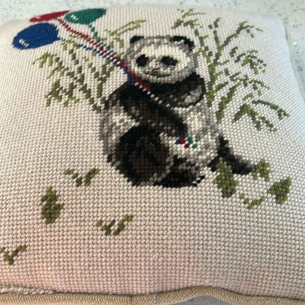 Needlepoint Wool Pillow with Panda Holding Balloons with Velvety Back 11